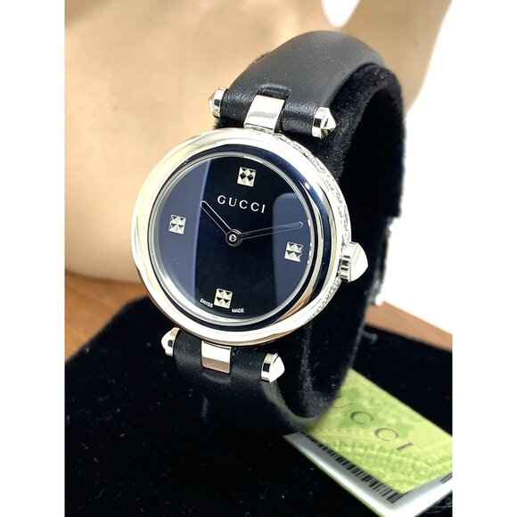 GUCCI Women's Watch YA141506 Swiss Quartz Silver Black Dial Leather Band 27mm - Picture 1 of 14